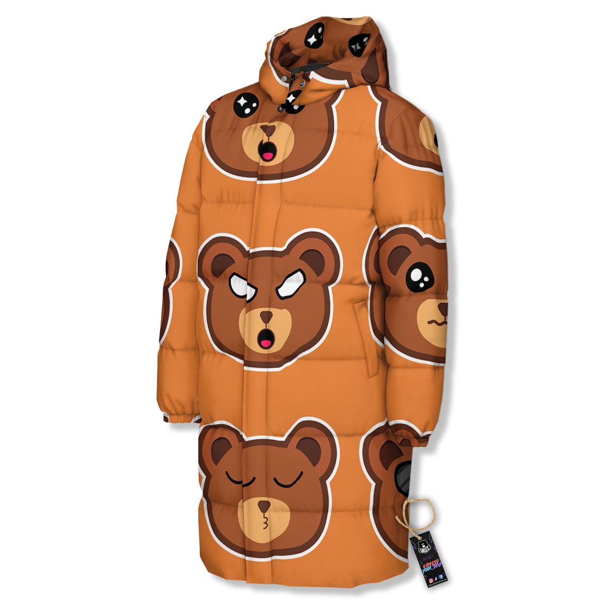 Emoji Teddy Bear Print Long Down Jacket-grizzshop