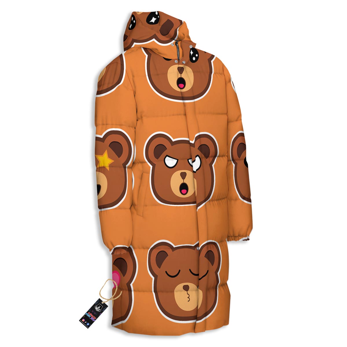 Emoji Teddy Bear Print Long Down Jacket-grizzshop