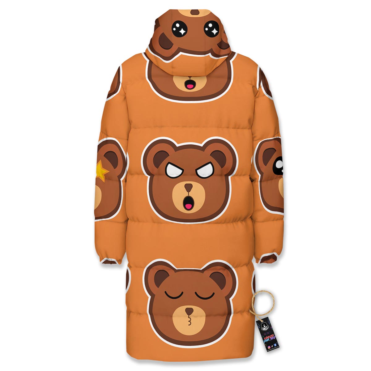 Emoji Teddy Bear Print Long Down Jacket-grizzshop