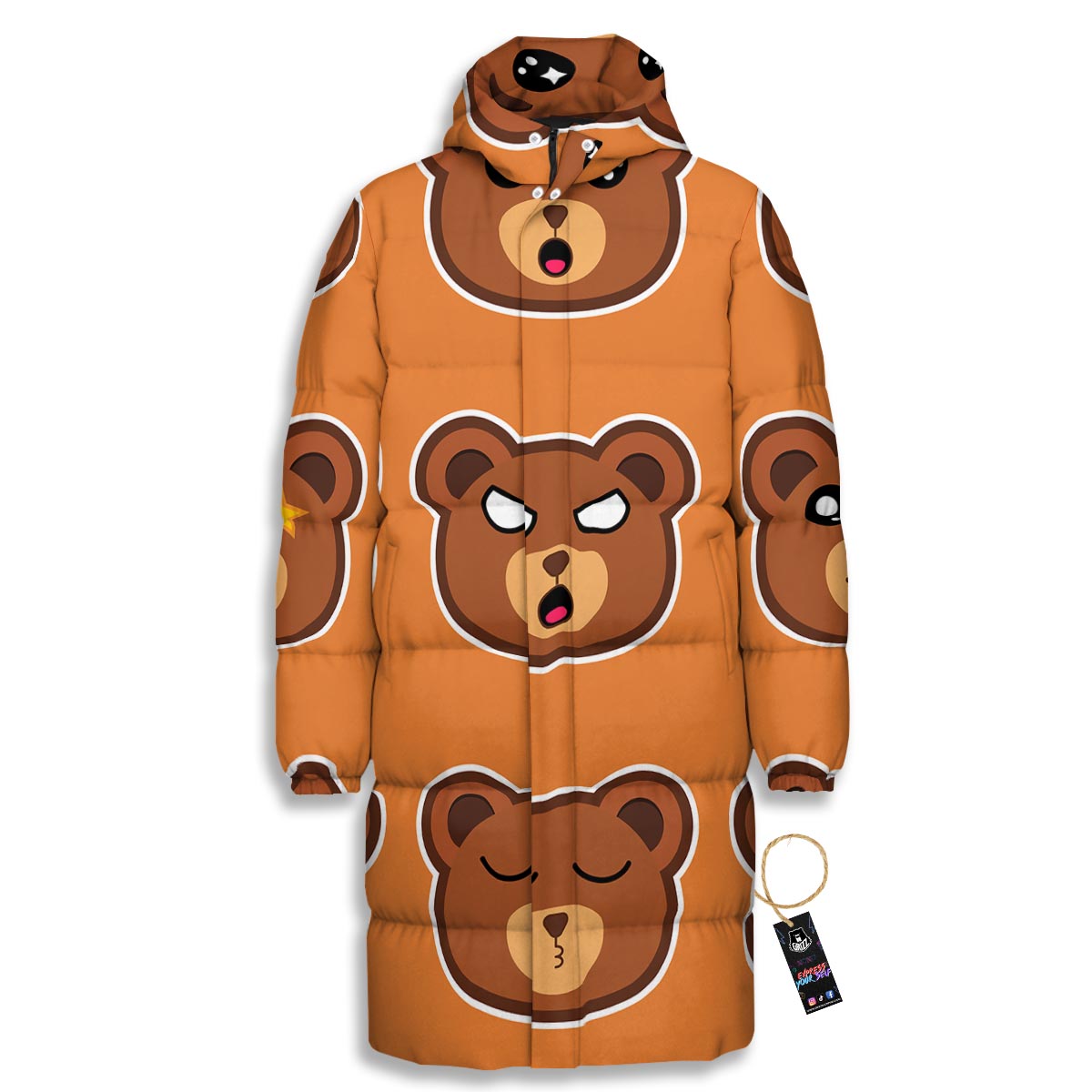 Emoji Teddy Bear Print Long Down Jacket-grizzshop