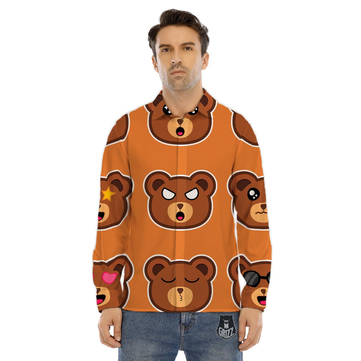 Emoji Teddy Bear Print Men's Dress Shirts-grizzshop