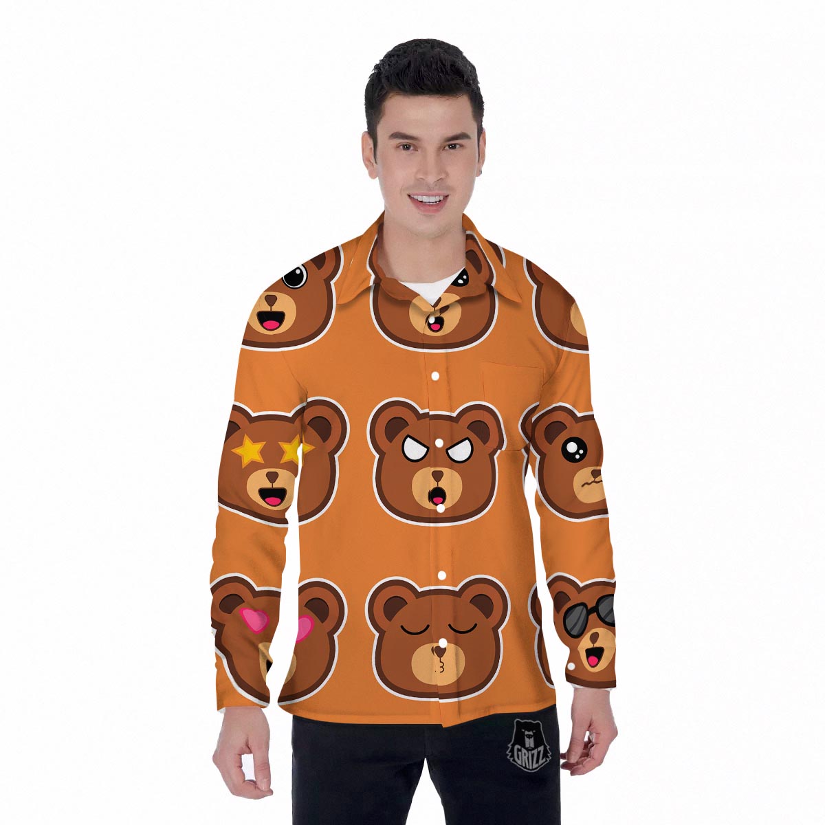 Emoji Teddy Bear Print Men's Long Sleeve Shirts-grizzshop