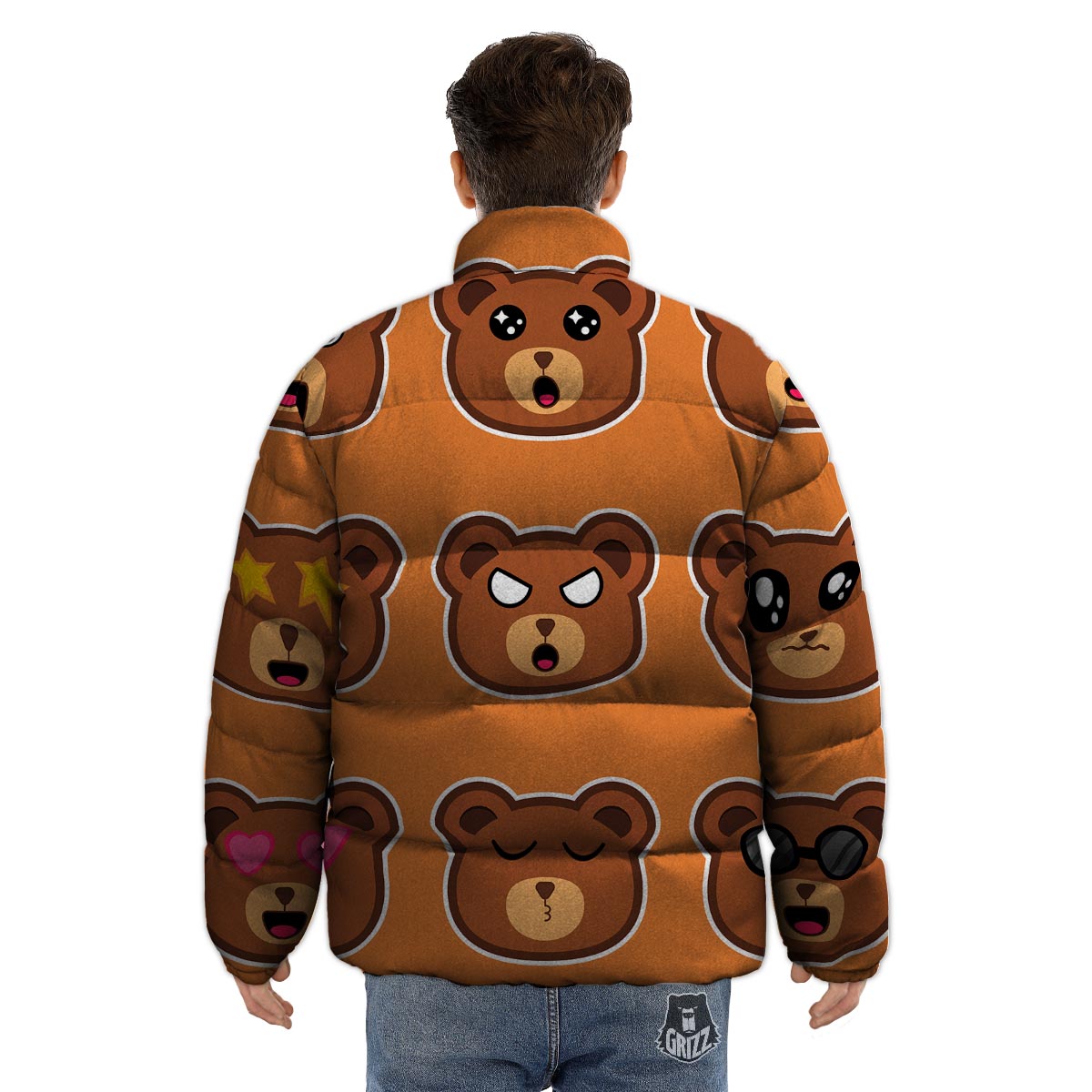 Emoji Teddy Bear Print Puffer Jacket-grizzshop