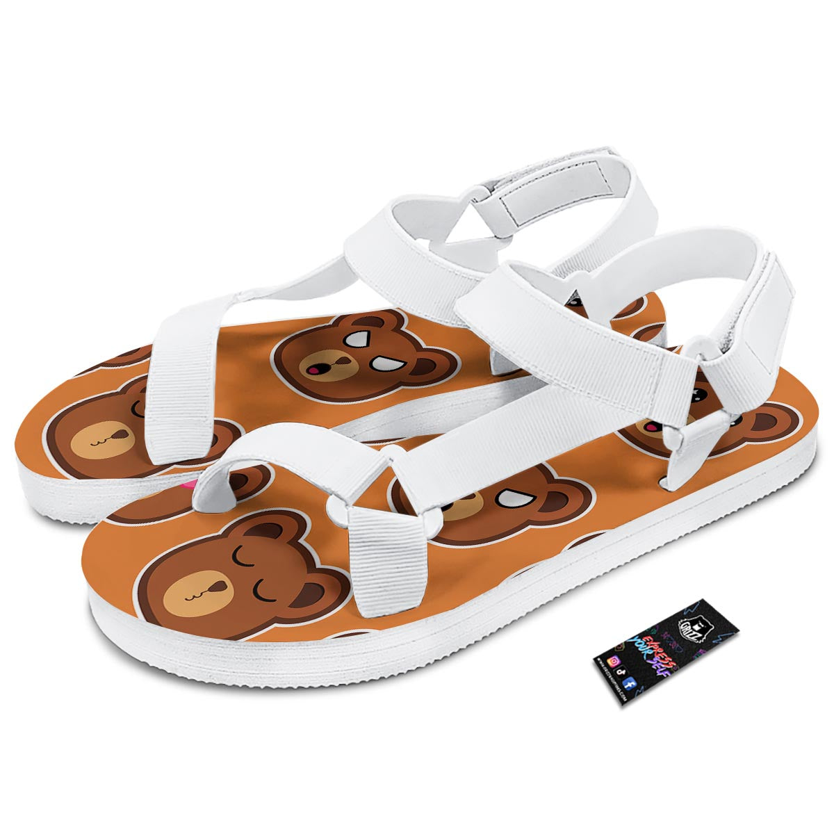 Emoji Teddy Bear Print White Open Toe Sandals-grizzshop