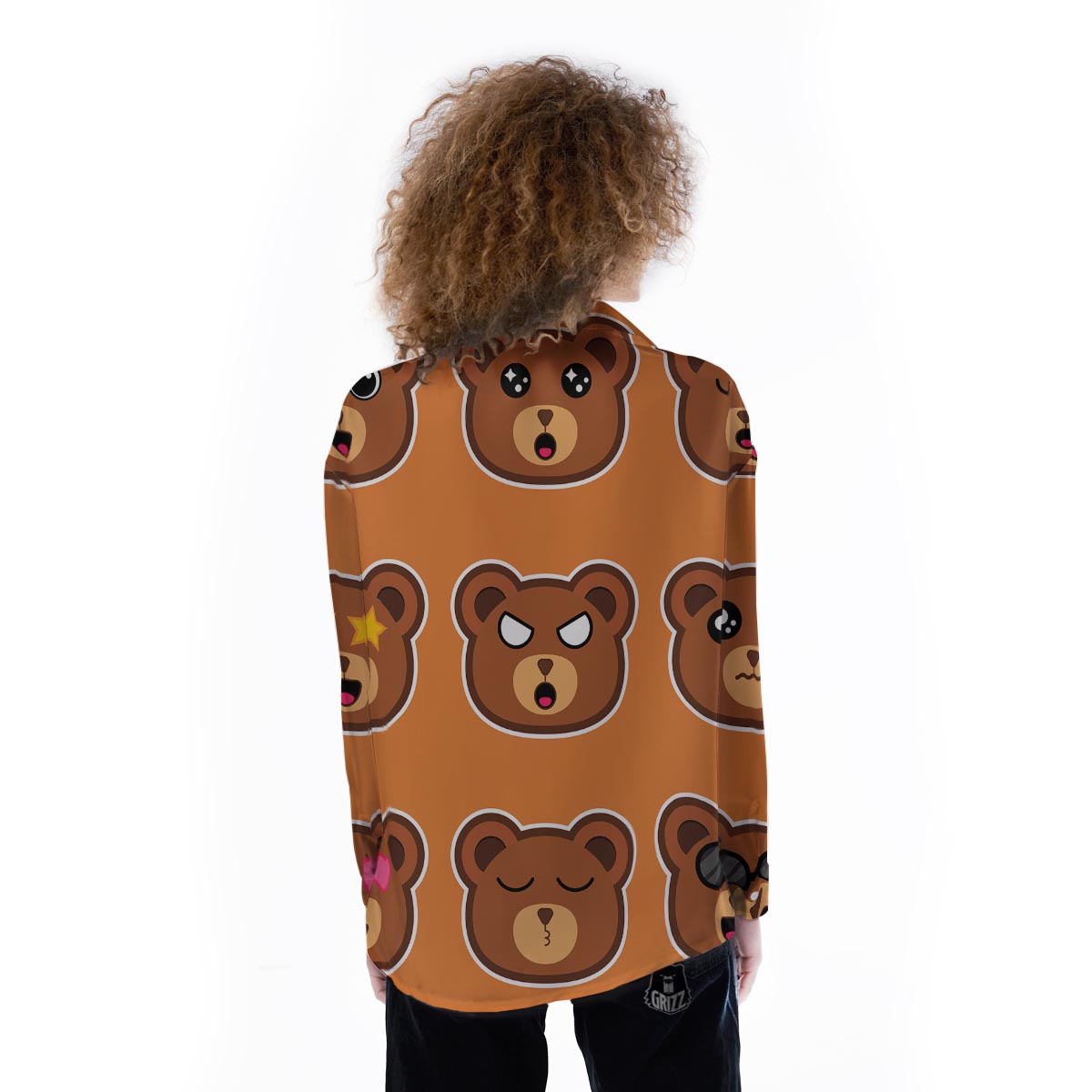 Emoji Teddy Bear Print Women's Long Sleeve Shirts-grizzshop