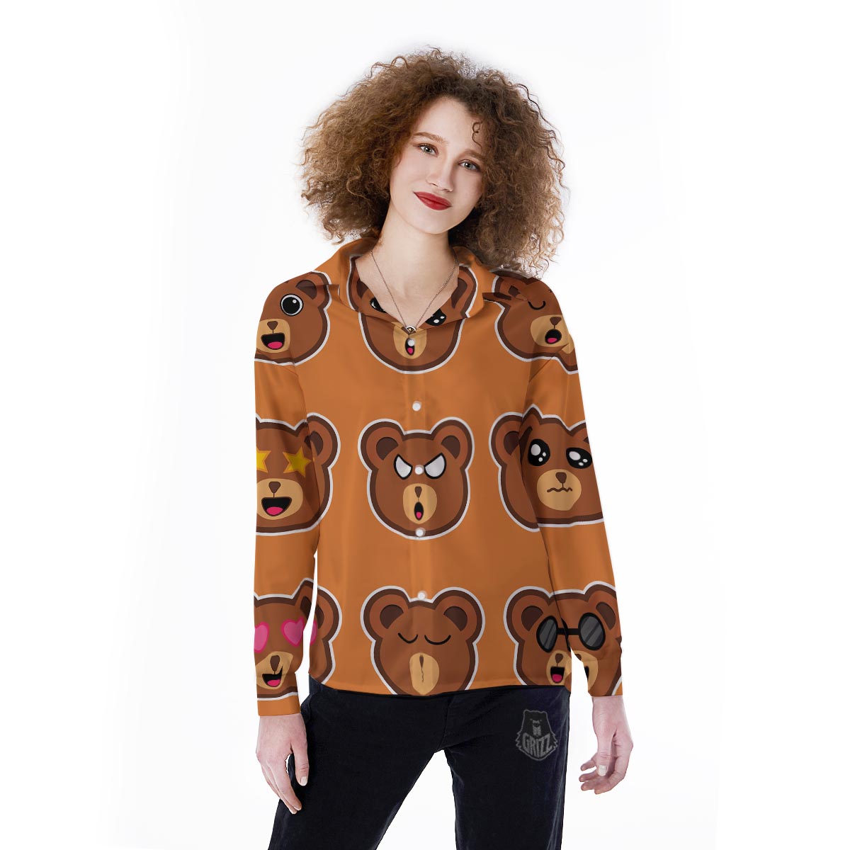 Emoji Teddy Bear Print Women's Long Sleeve Shirts-grizzshop