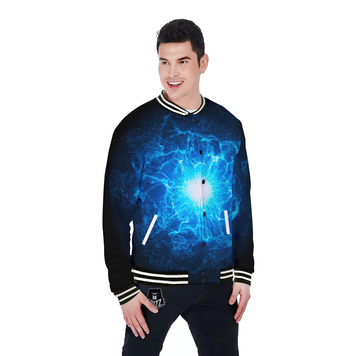 Energy Blue Plasma Print Baseball Jacket-grizzshop
