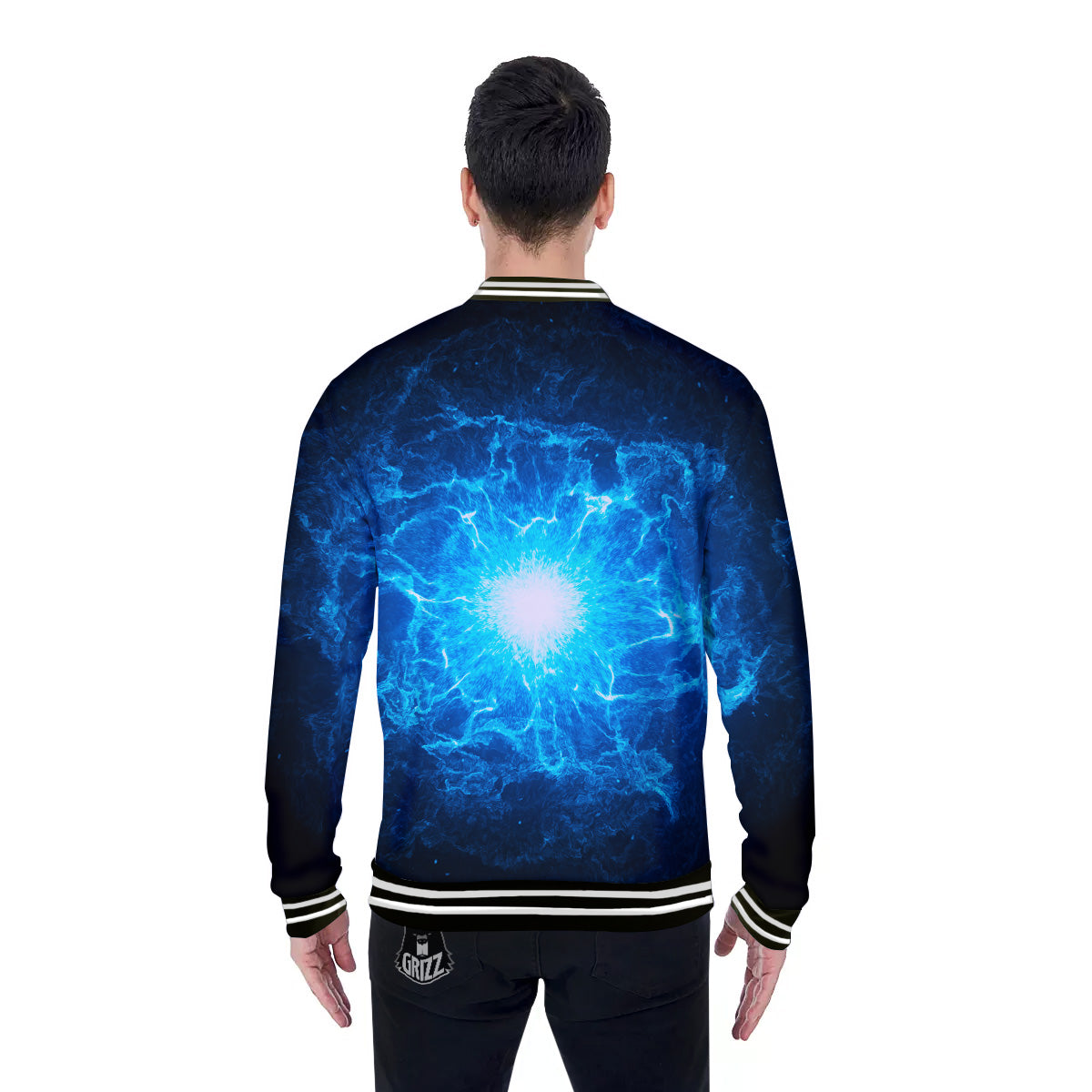 Energy Blue Plasma Print Baseball Jacket-grizzshop