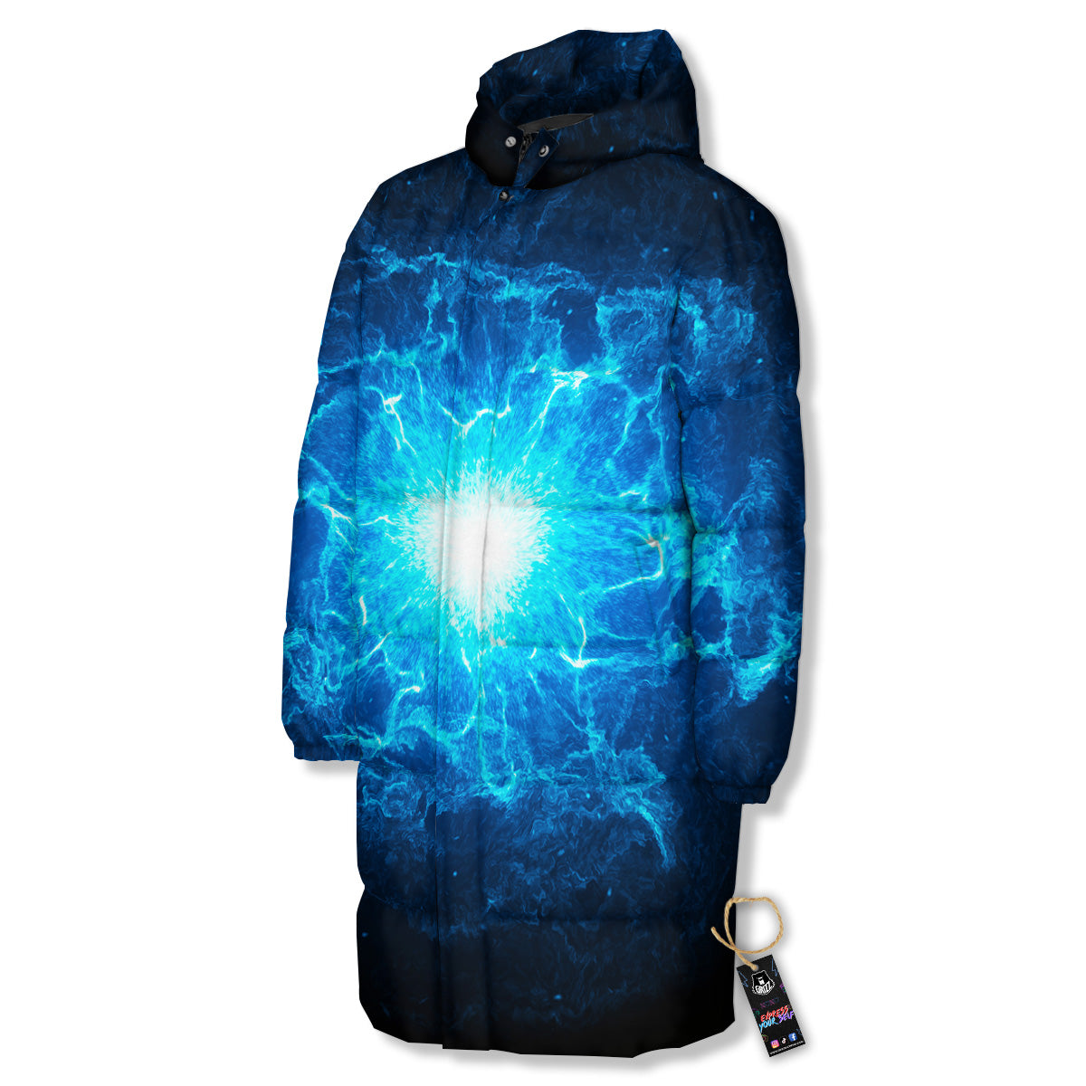 Energy Blue Plasma Print Long Down Jacket-grizzshop
