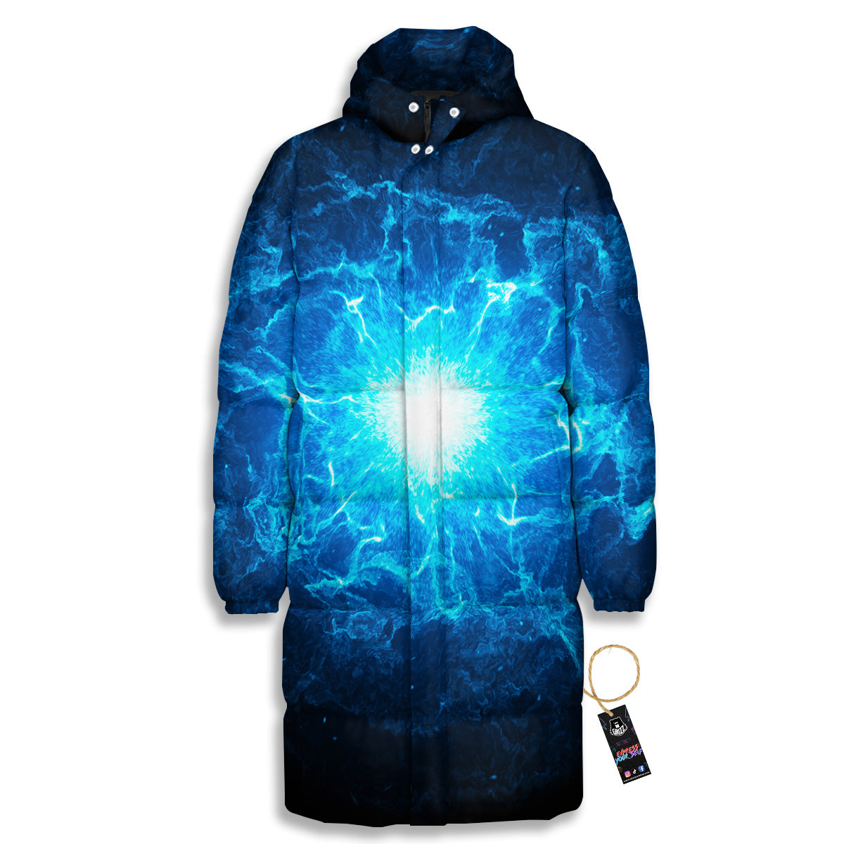 Energy Blue Plasma Print Long Down Jacket-grizzshop