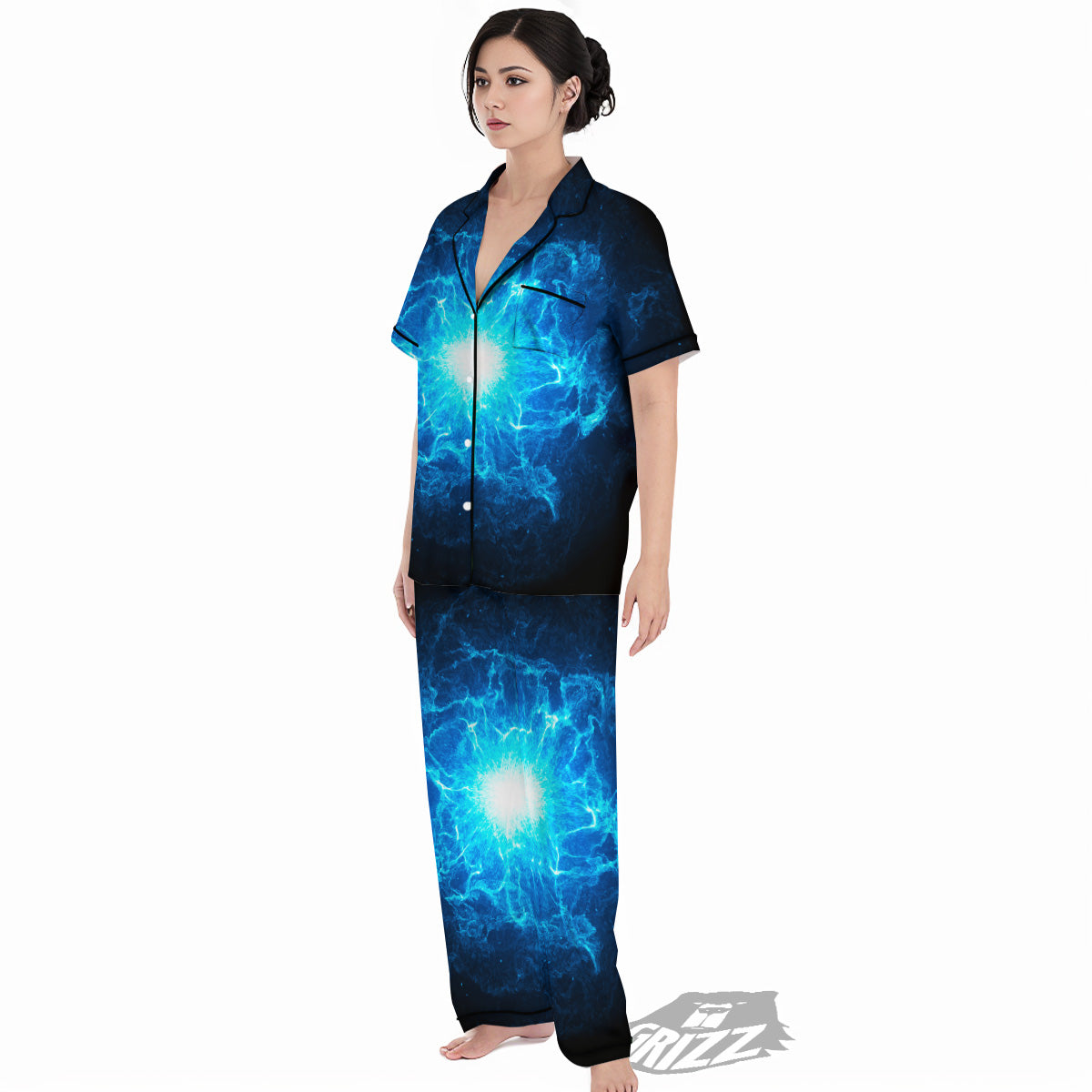 Energy Blue Plasma Print Women's Pajamas Set-grizzshop