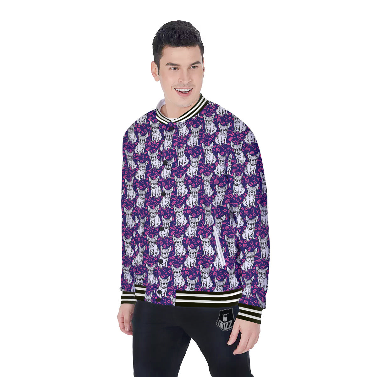 English Bulldog Cute Print Pattern Baseball Jacket-grizzshop