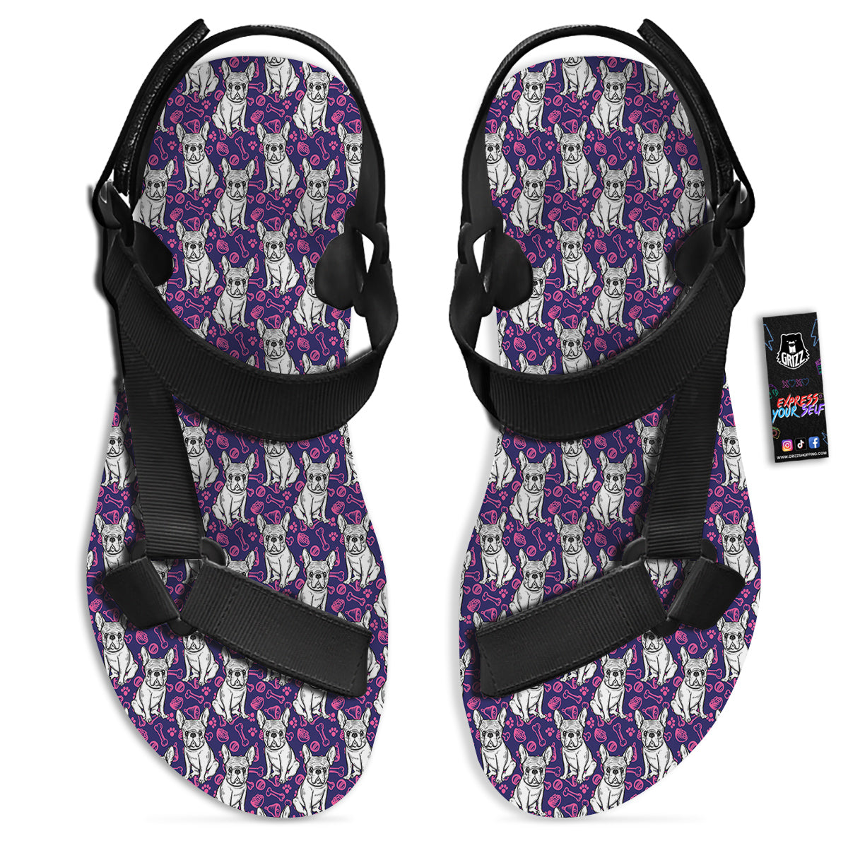 English Bulldog Cute Print Pattern Black Open Toe Sandals-grizzshop