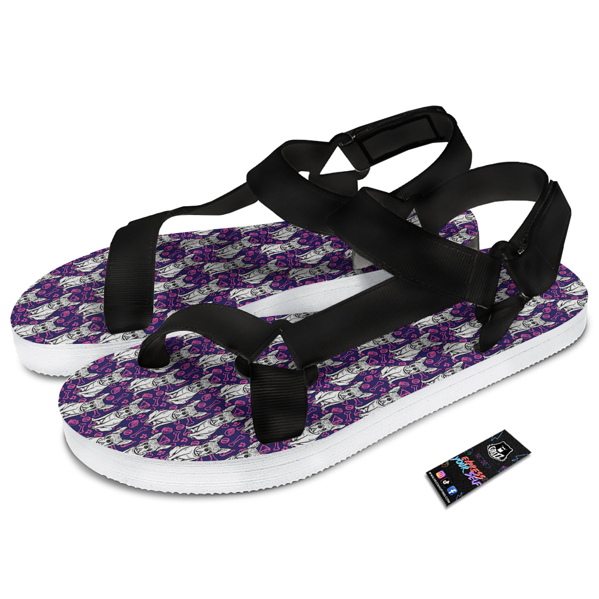 English Bulldog Cute Print Pattern Black Open Toe Sandals-grizzshop