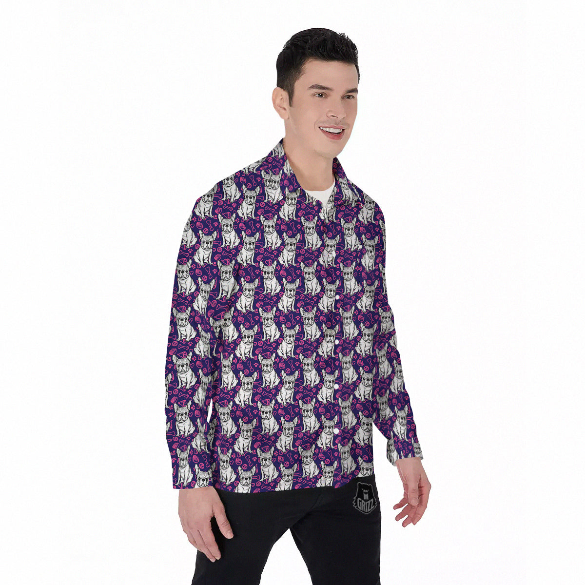 English Bulldog Cute Print Pattern Men's Long Sleeve Shirts-grizzshop