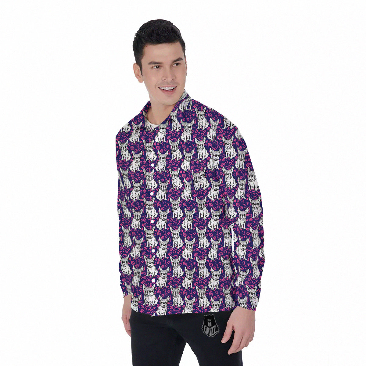 English Bulldog Cute Print Pattern Men's Long Sleeve Shirts-grizzshop