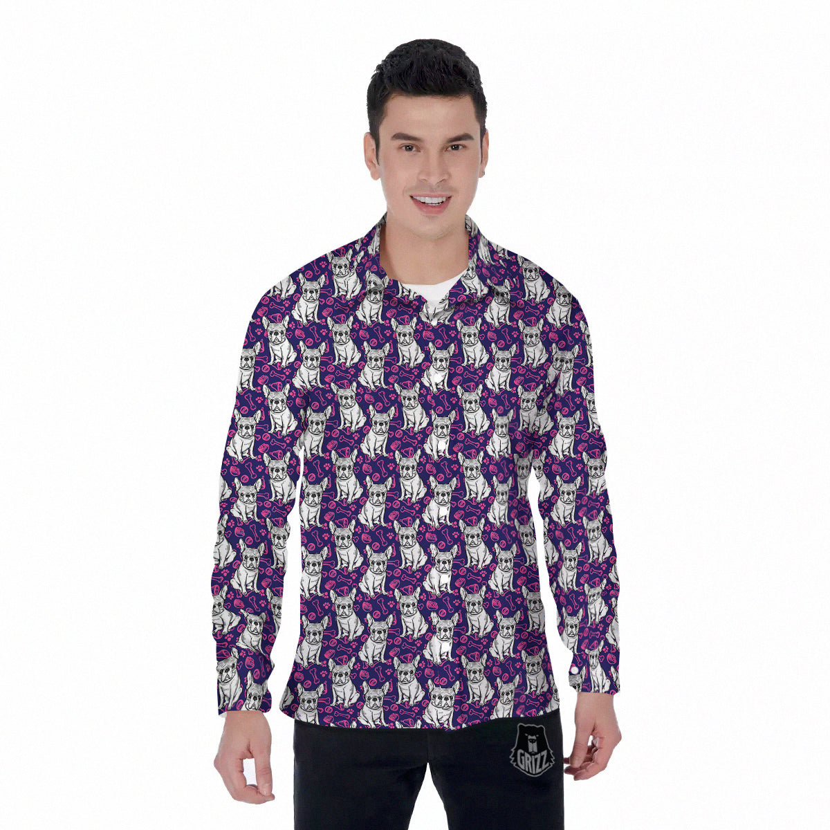 English Bulldog Cute Print Pattern Men's Long Sleeve Shirts-grizzshop