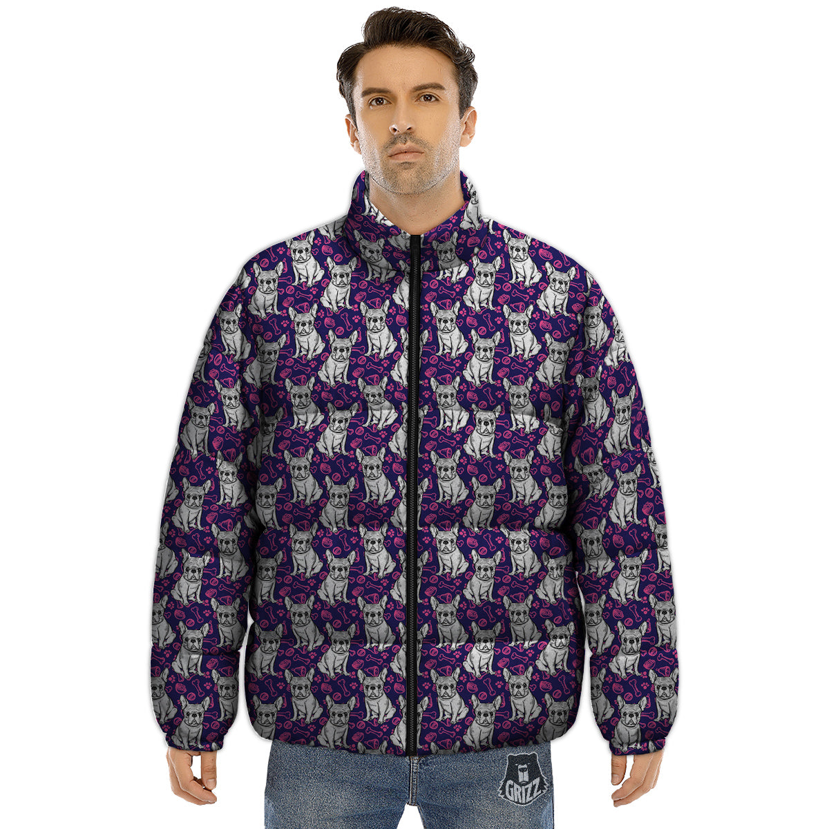 English Bulldog Cute Print Pattern Puffer Jacket-grizzshop