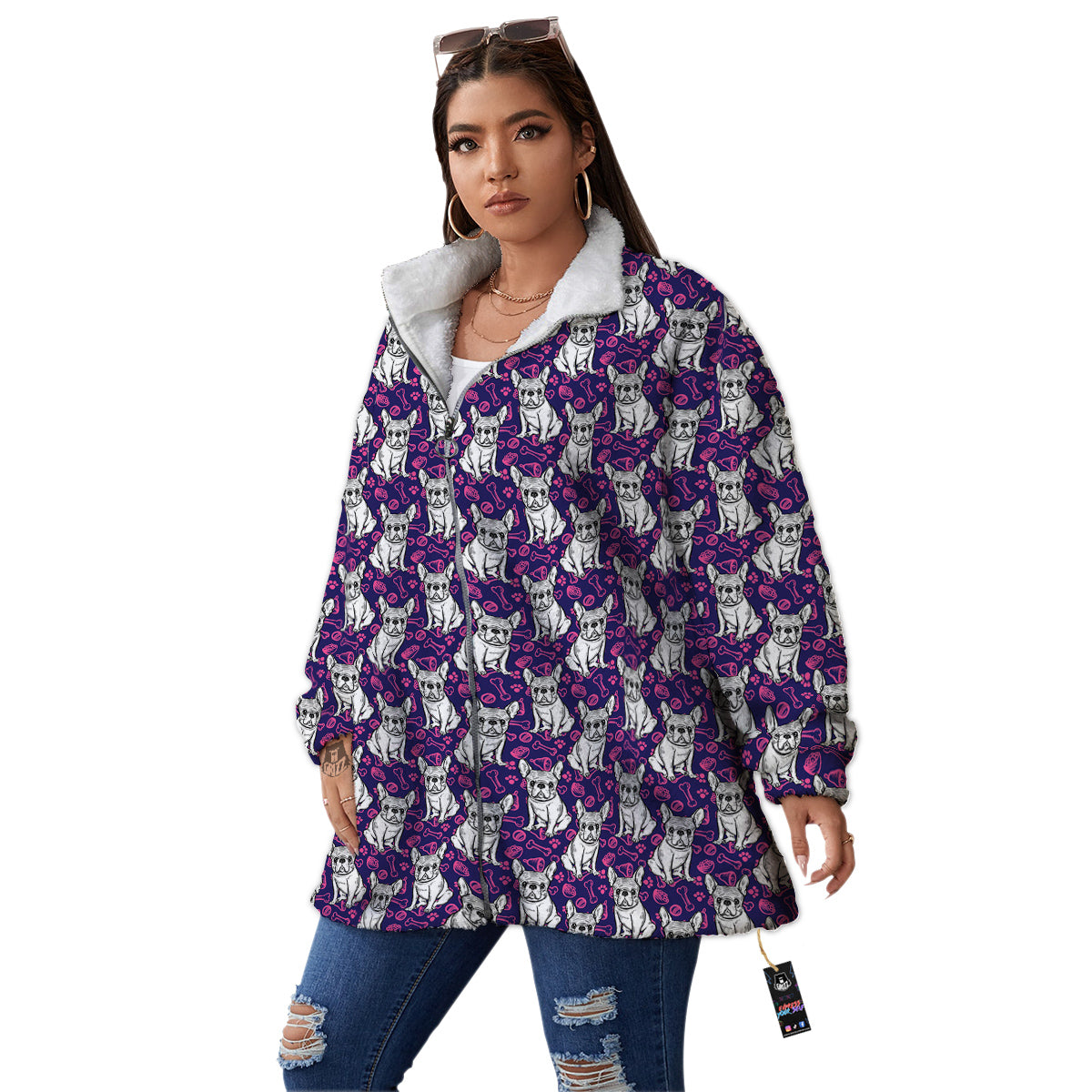 English Bulldog Cute Print Pattern Women's Sherpa Jacket-grizzshop