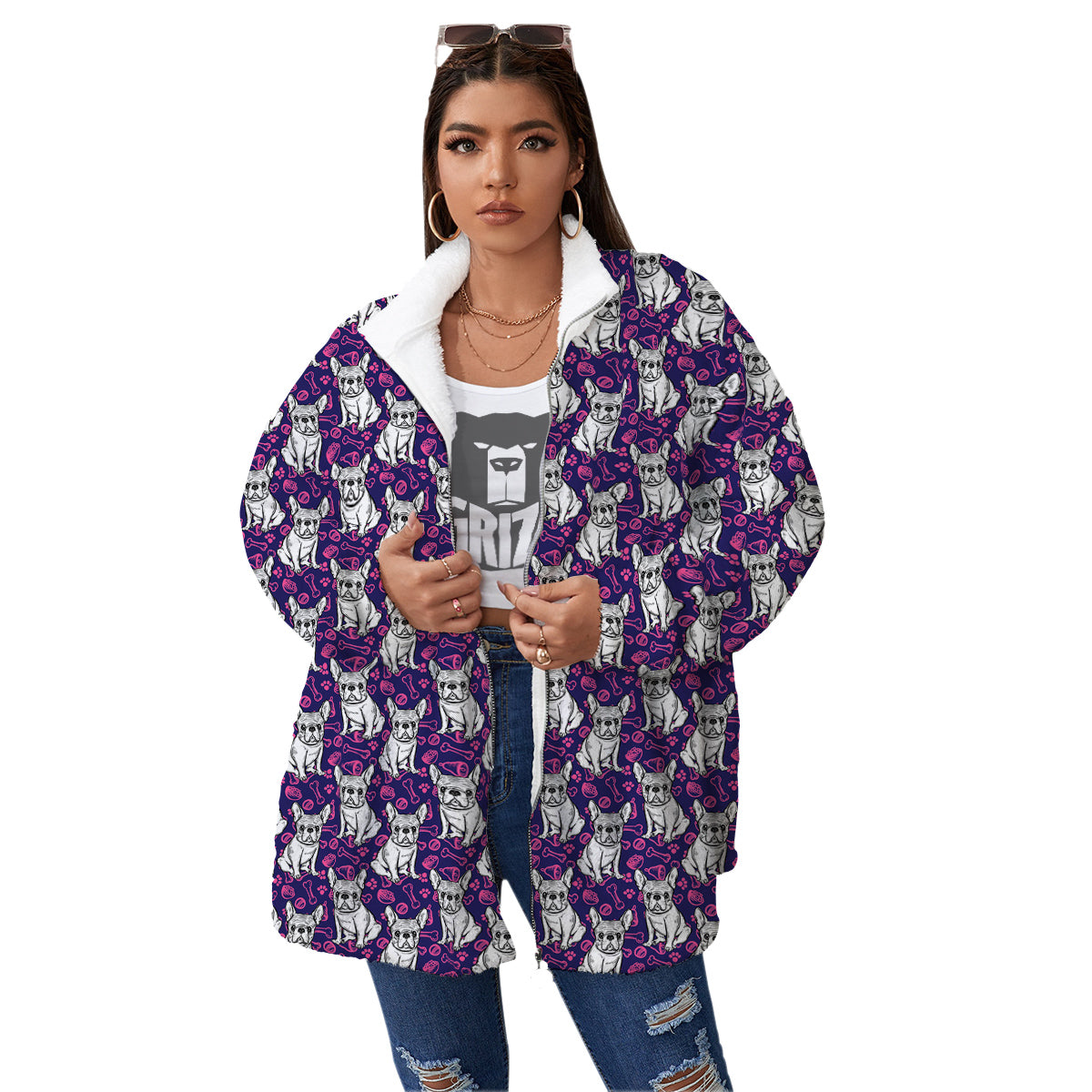 English Bulldog Cute Print Pattern Women's Sherpa Jacket-grizzshop