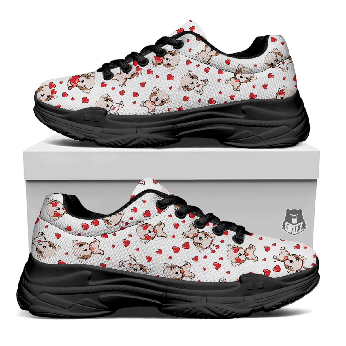 English Bulldog Lovely Print Pattern Black Chunky Shoes-grizzshop