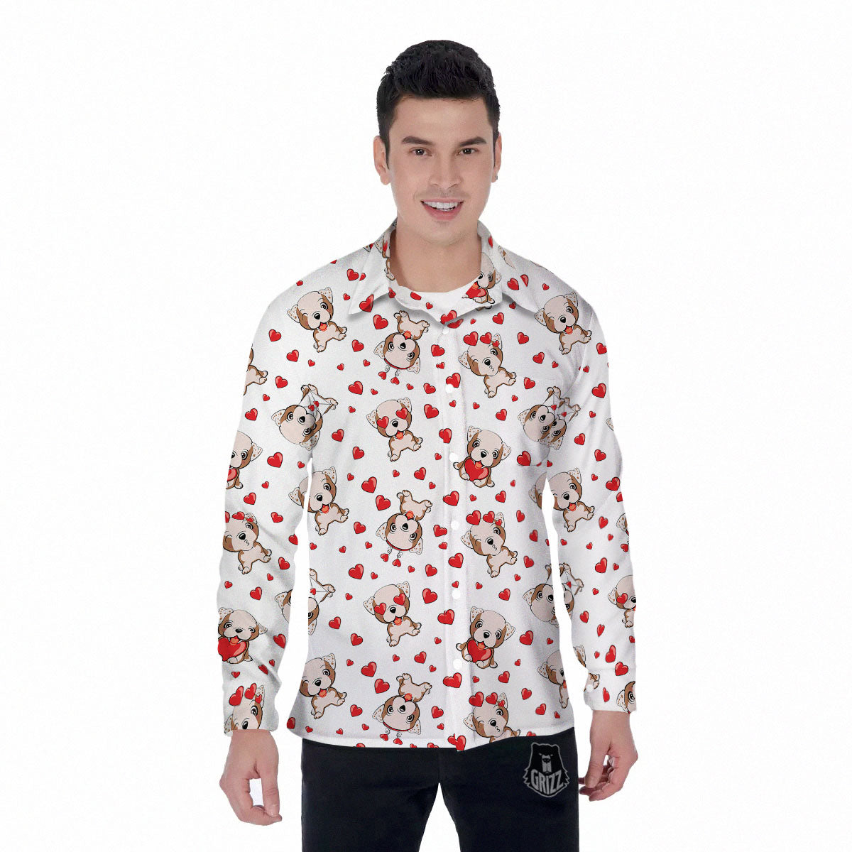 English Bulldog Lovely Print Pattern Men's Long Sleeve Shirts-grizzshop