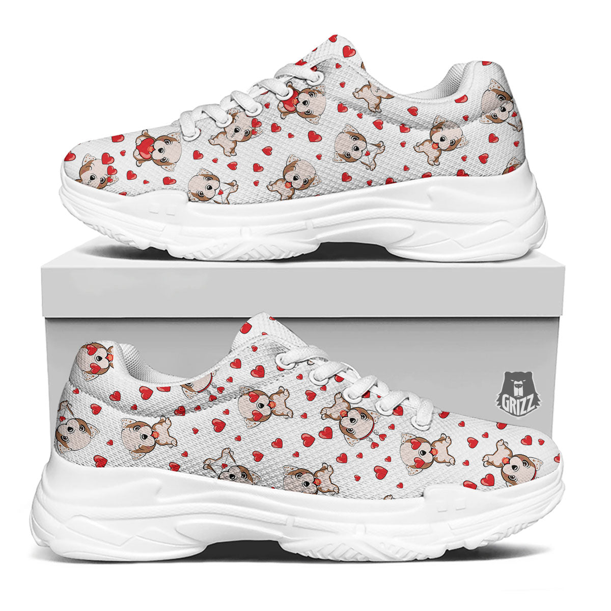 English Bulldog Lovely Print Pattern White Chunky Shoes-grizzshop