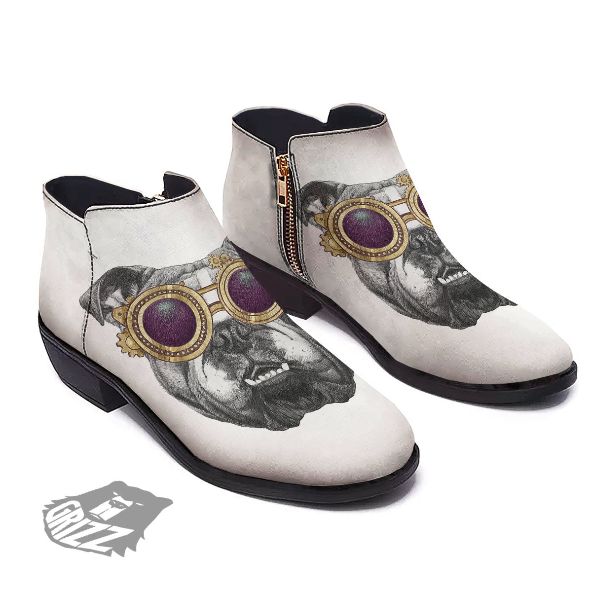 English Bulldog Wearing Glasses Print Ankle Boots-grizzshop