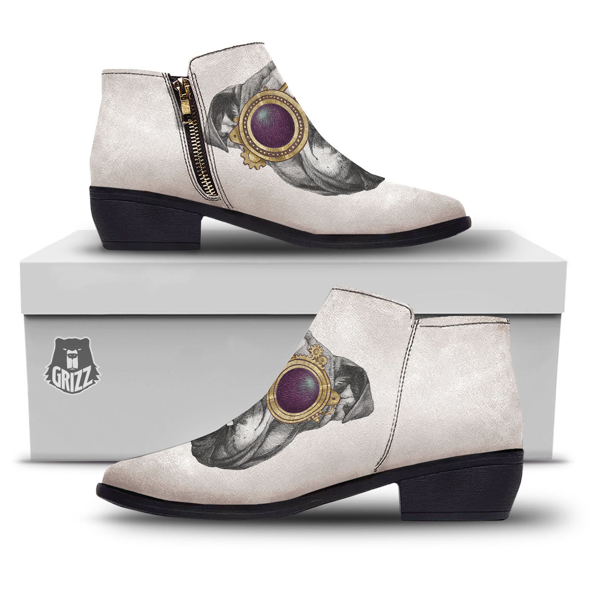 English Bulldog Wearing Glasses Print Ankle Boots-grizzshop