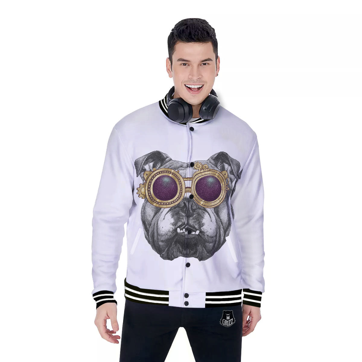 English Bulldog Wearing Glasses Print Baseball Jacket-grizzshop