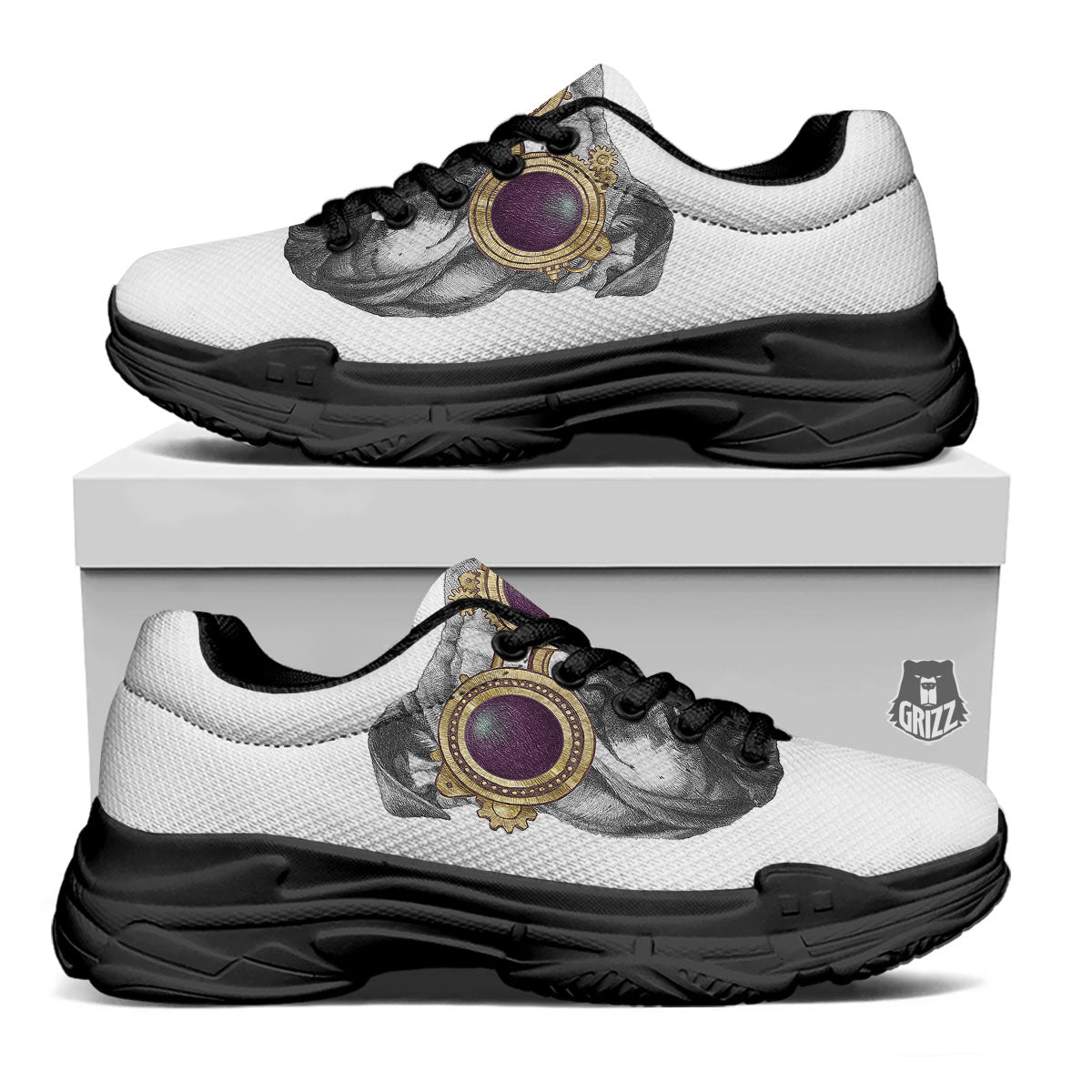 English Bulldog Wearing Glasses Print Black Chunky Shoes-grizzshop