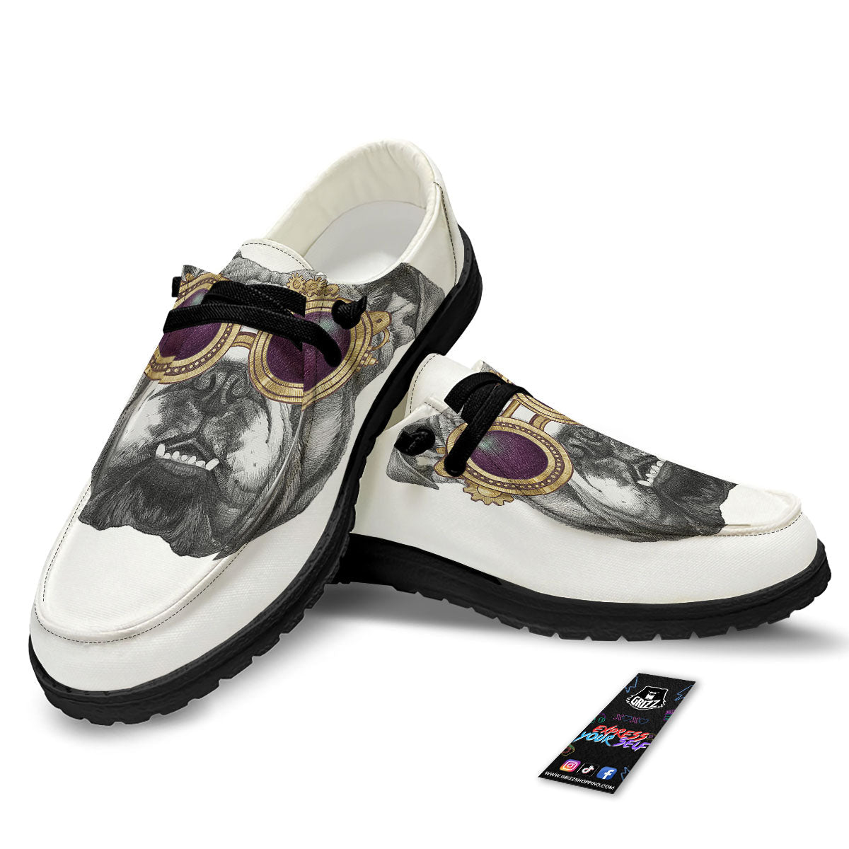 English Bulldog Wearing Glasses Print Black Loafers-grizzshop