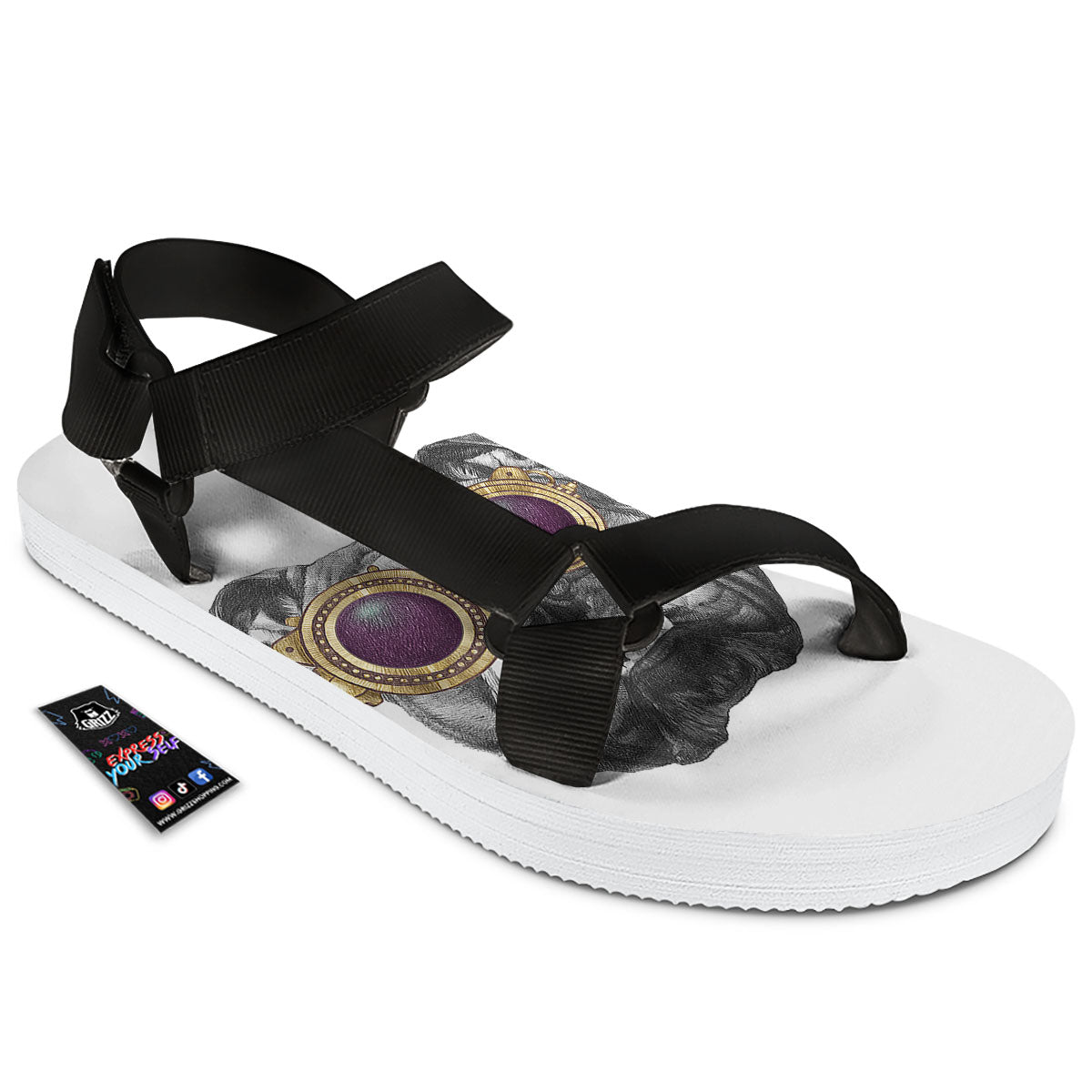 English Bulldog Wearing Glasses Print Black Open Toe Sandals-grizzshop