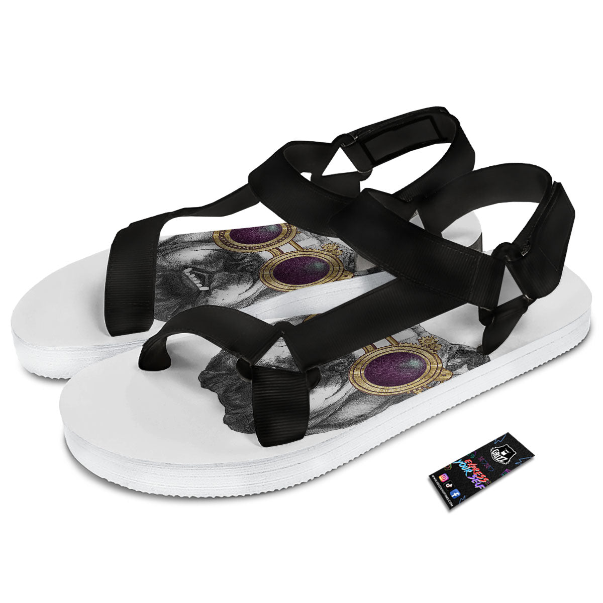 English Bulldog Wearing Glasses Print Black Open Toe Sandals-grizzshop