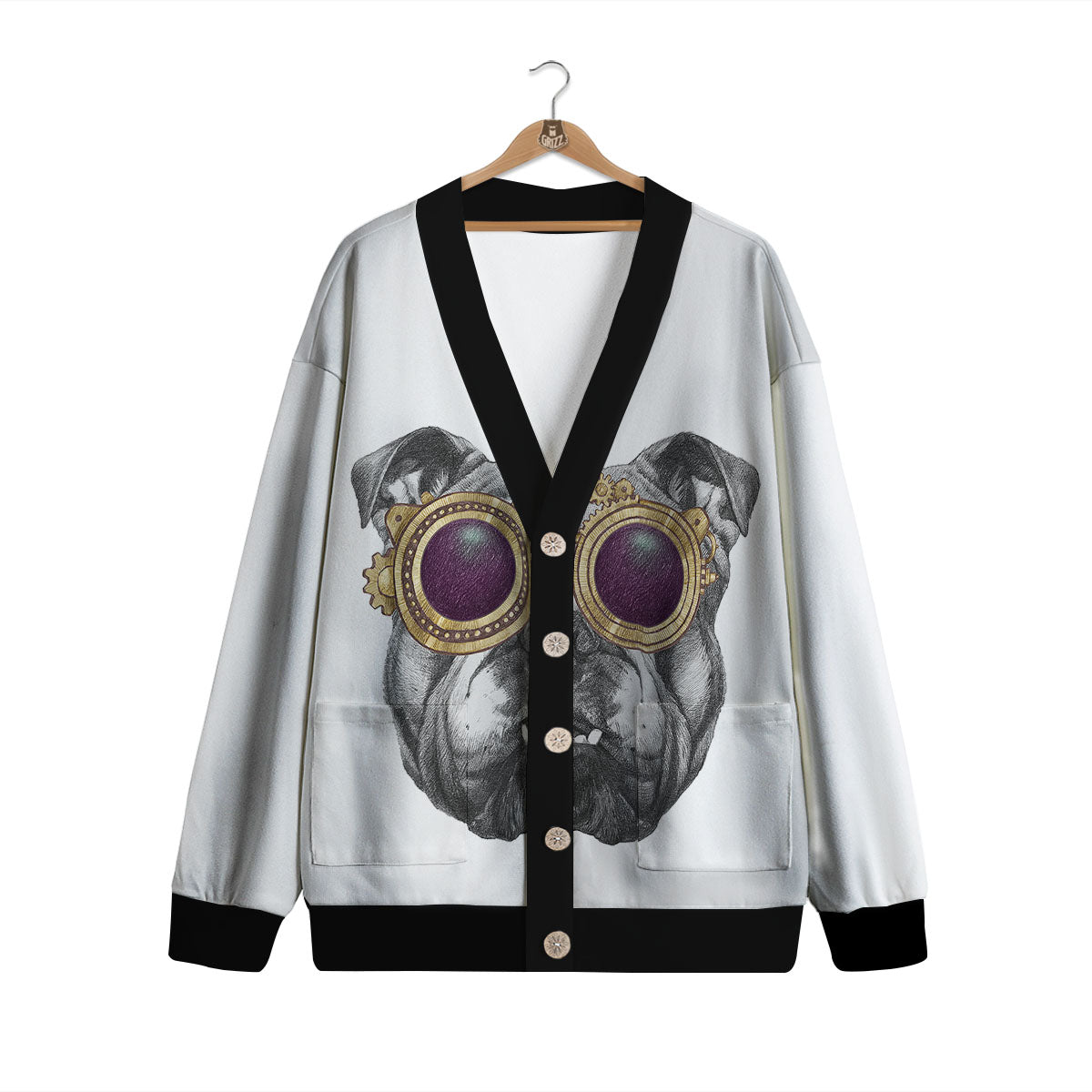 English Bulldog Wearing Glasses Print Cardigan-grizzshop
