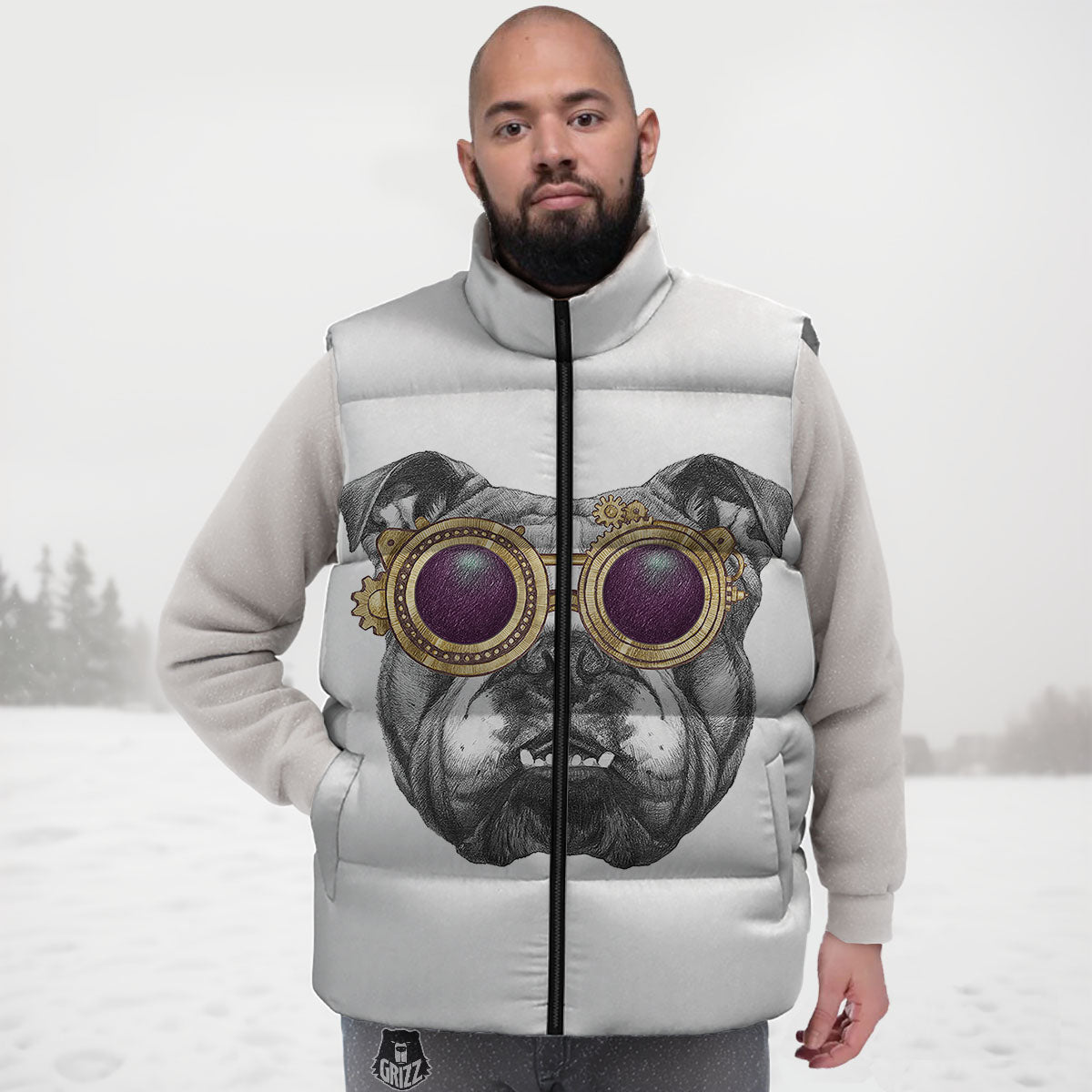 English Bulldog Wearing Glasses Print Down Vest