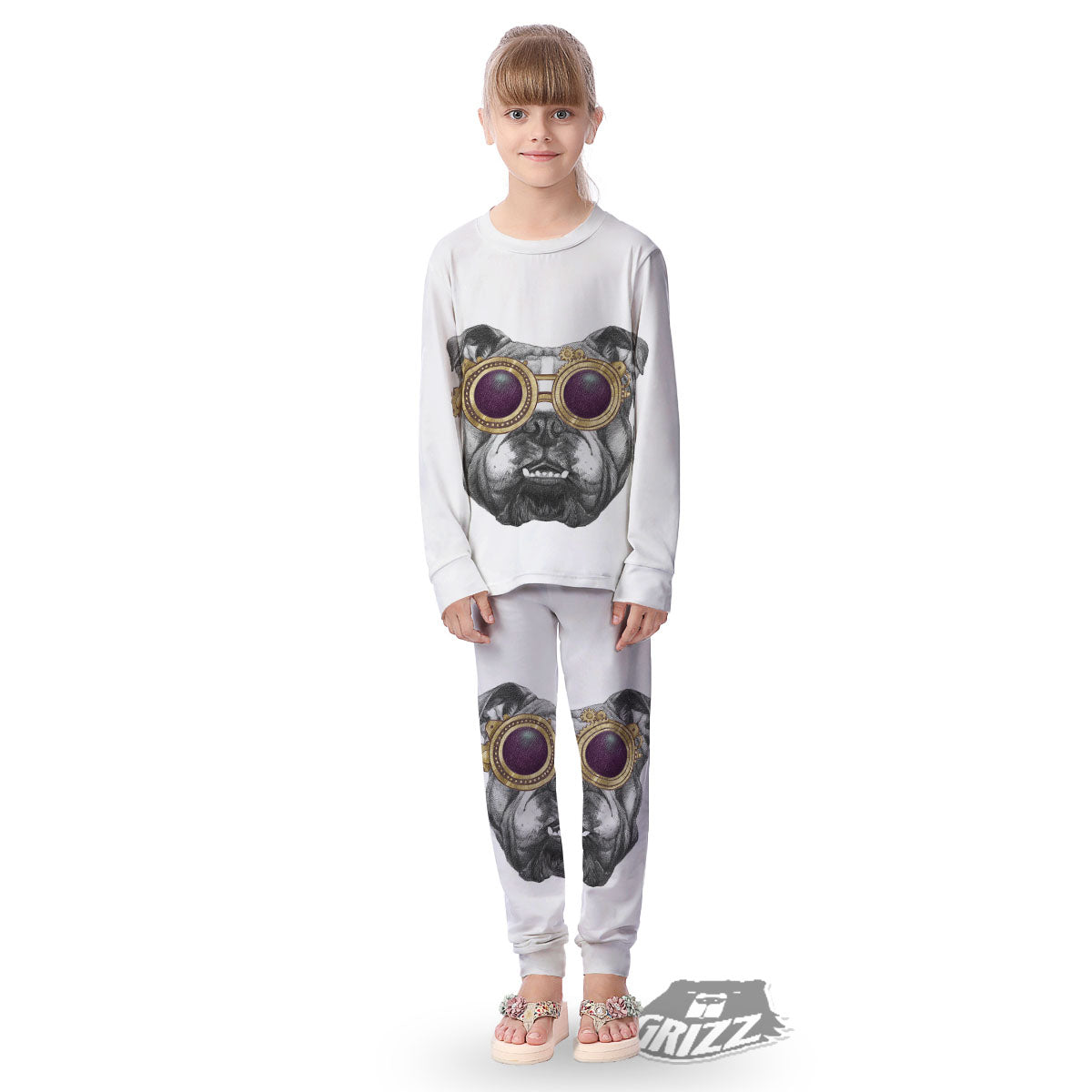 English Bulldog Wearing Glasses Print Kid's Pajamas-grizzshop