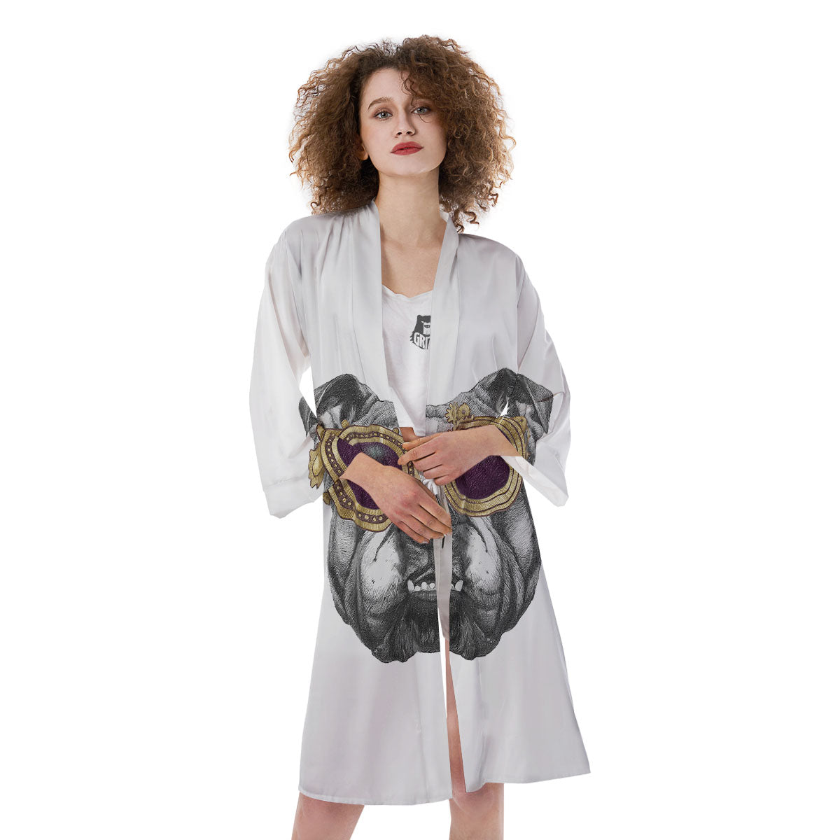 English Bulldog Wearing Glasses Print Kimono-grizzshop