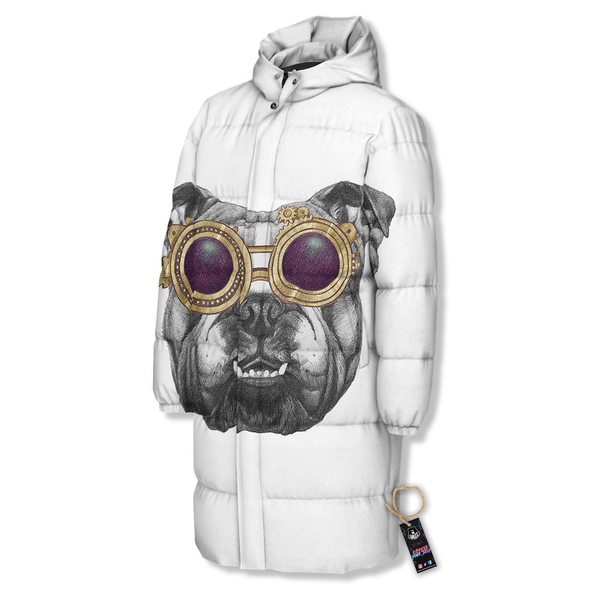English Bulldog Wearing Glasses Print Long Down Jacket-grizzshop