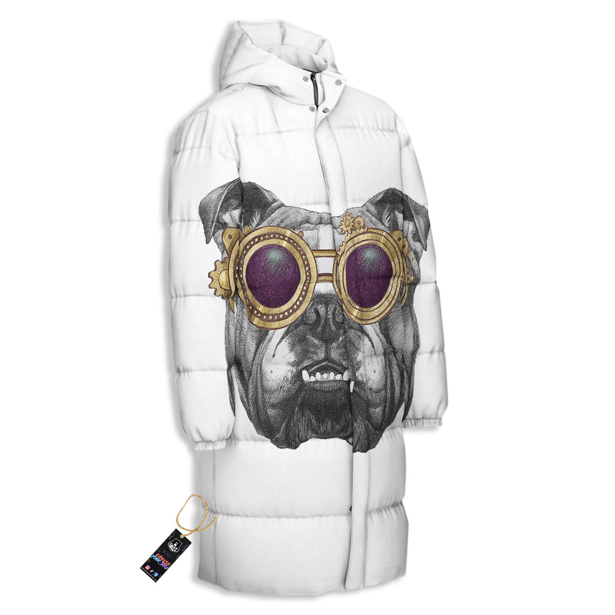 English Bulldog Wearing Glasses Print Long Down Jacket-grizzshop
