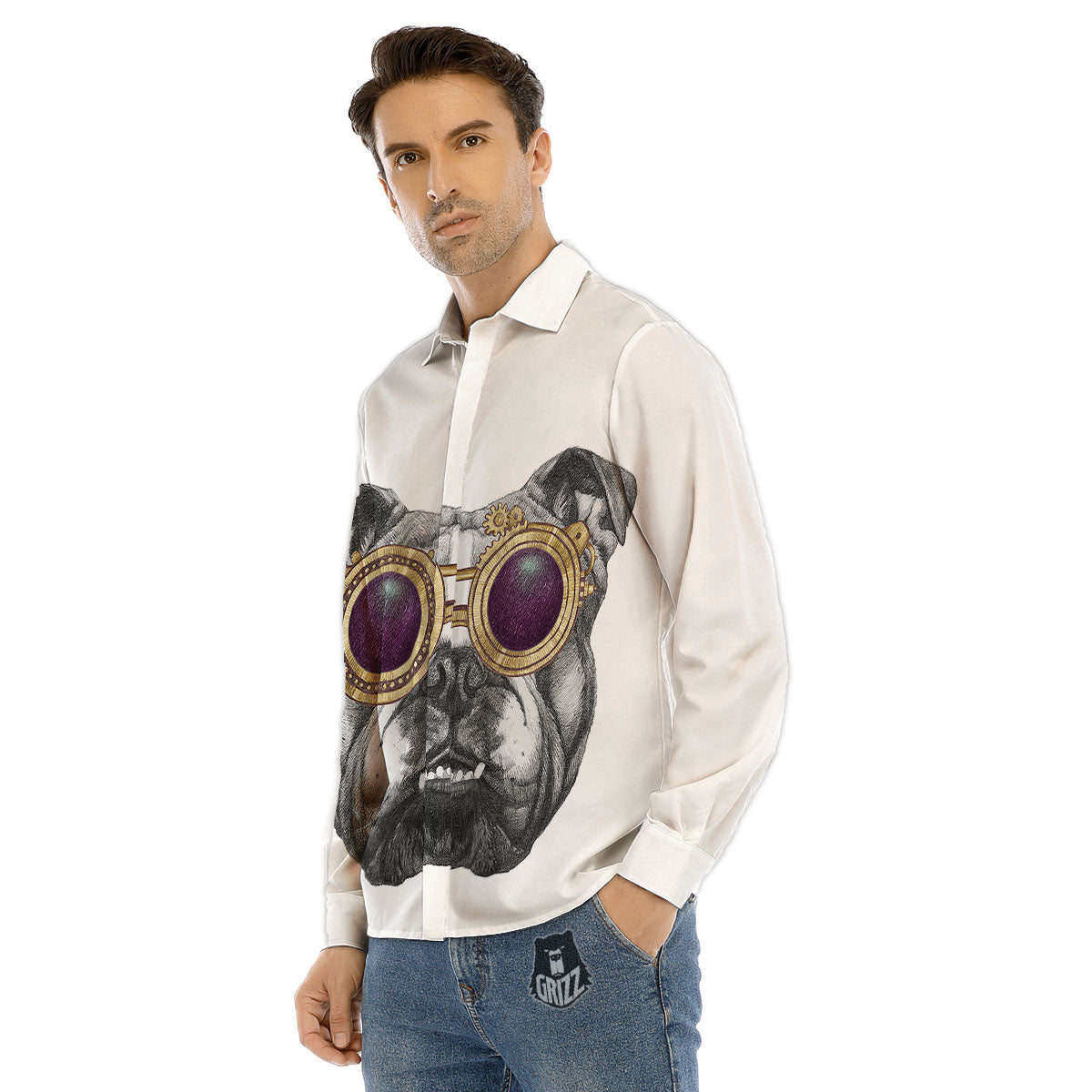 English Bulldog Wearing Glasses Print Men's Dress Shirts-grizzshop