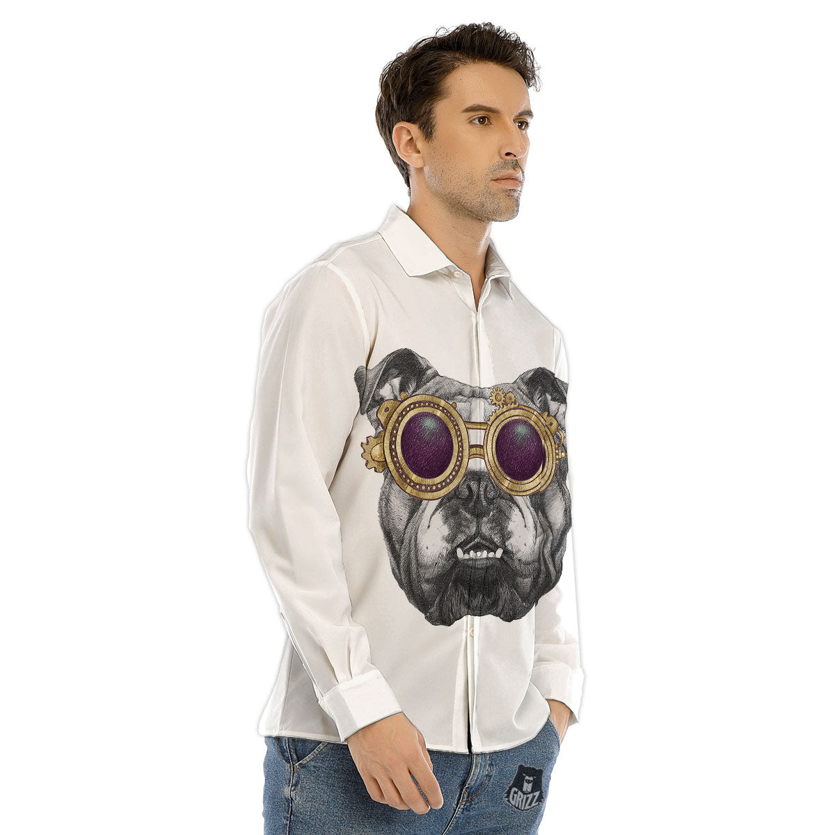 English Bulldog Wearing Glasses Print Men's Dress Shirts-grizzshop