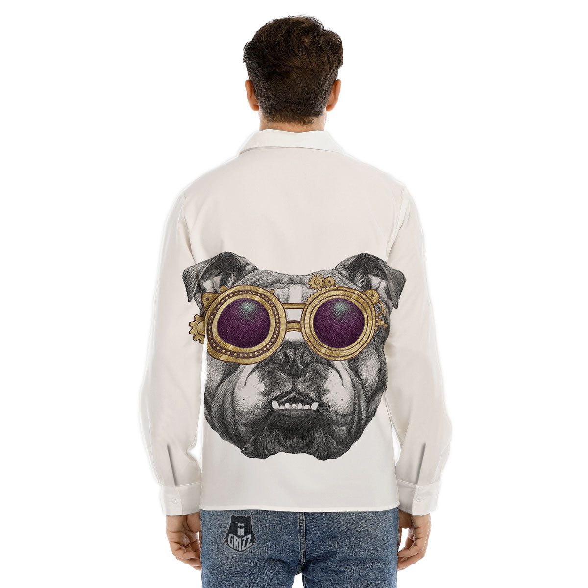 English Bulldog Wearing Glasses Print Men's Dress Shirts-grizzshop