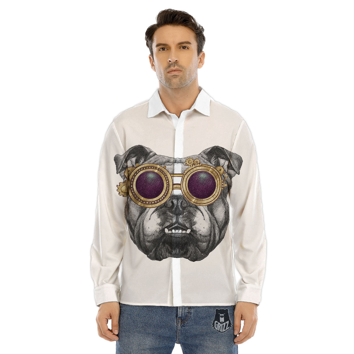 English Bulldog Wearing Glasses Print Men's Dress Shirts-grizzshop