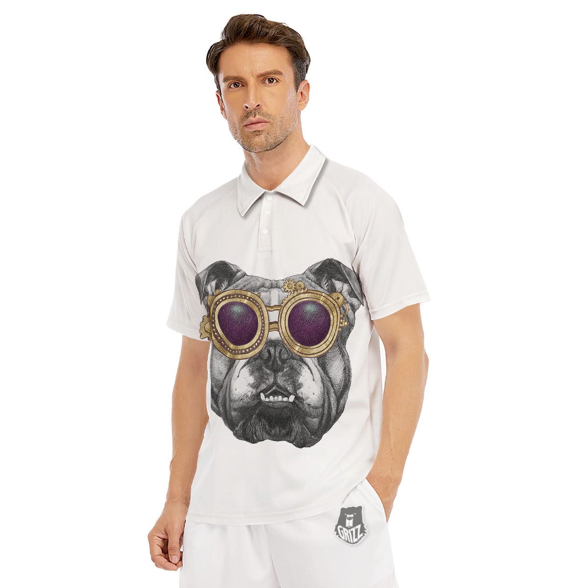 English Bulldog Wearing Glasses Print Men's Golf Shirts-grizzshop