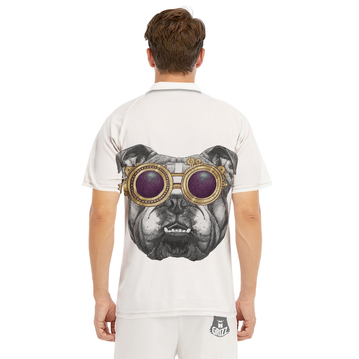 English Bulldog Wearing Glasses Print Men's Golf Shirts-grizzshop