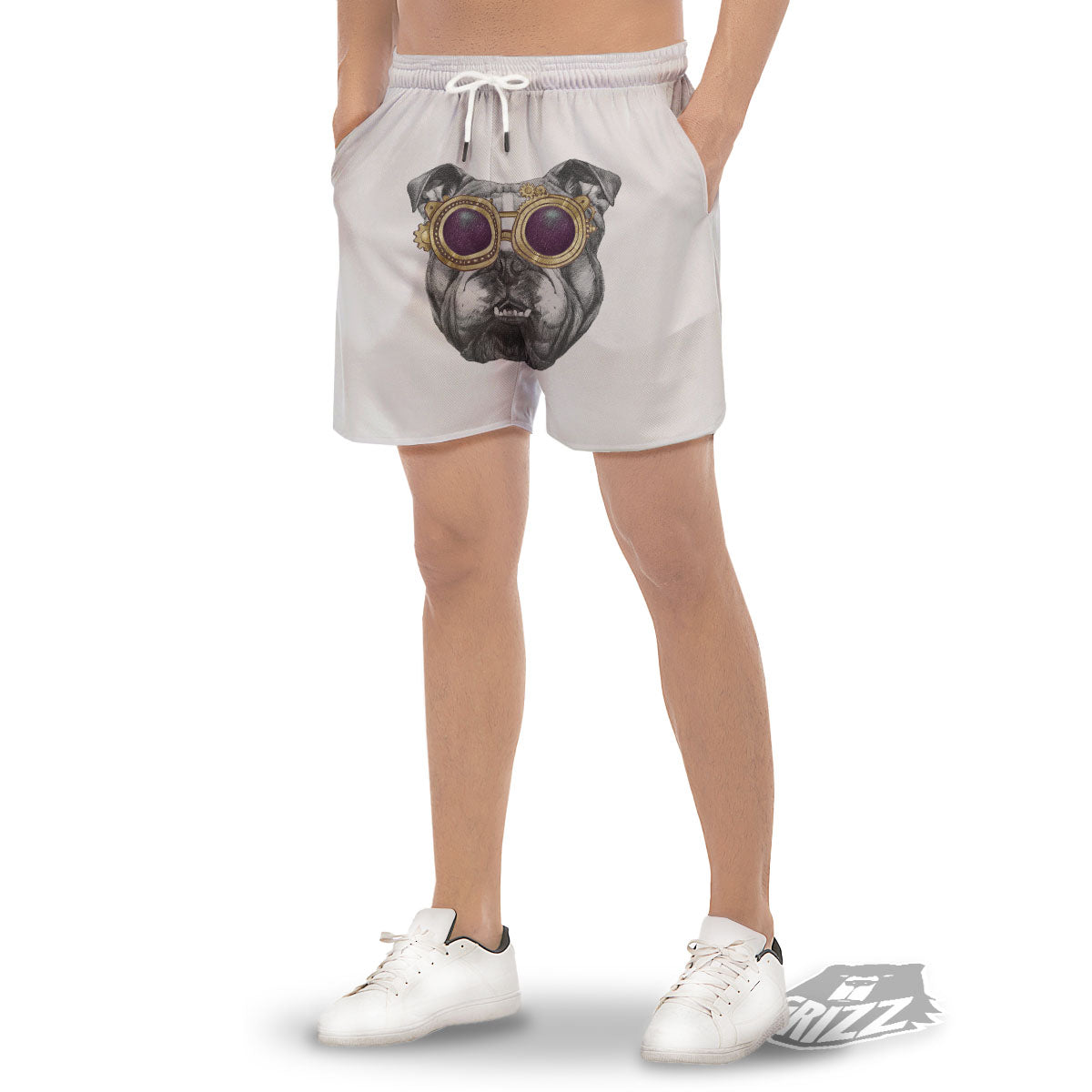 English Bulldog Wearing Glasses Print Men's Gym Shorts-grizzshop