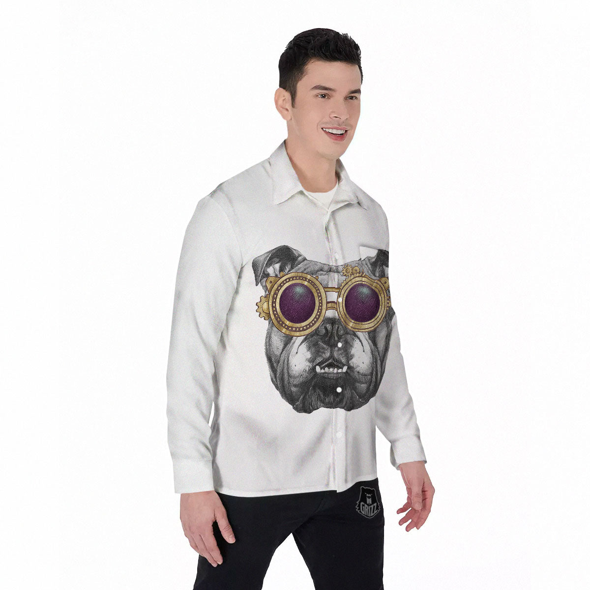 English Bulldog Wearing Glasses Print Men's Long Sleeve Shirts-grizzshop