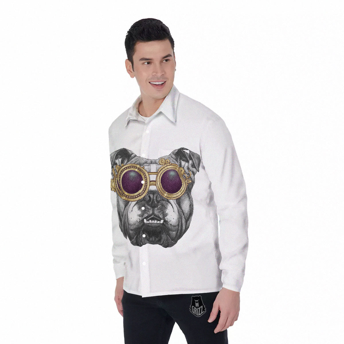 English Bulldog Wearing Glasses Print Men's Long Sleeve Shirts-grizzshop