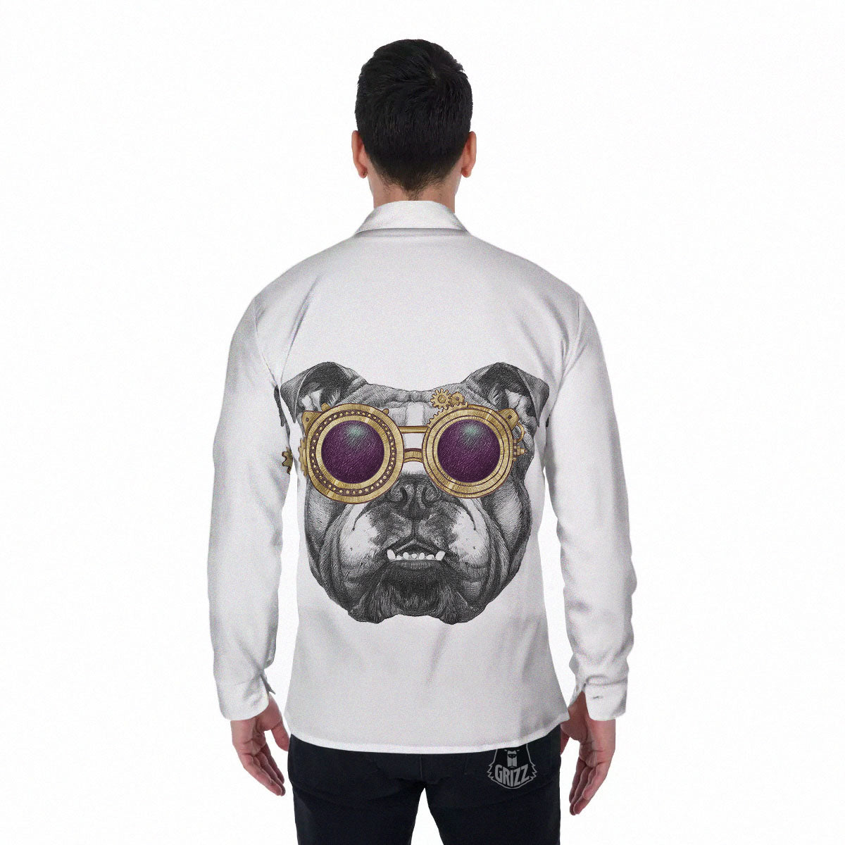 English Bulldog Wearing Glasses Print Men's Long Sleeve Shirts-grizzshop